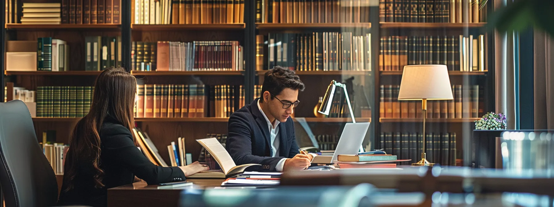a sophisticated immigration law office featuring a confident attorney consulting with a diverse client at a sleek modern desk, surrounded by neatly organized case files and legal books, illuminated by warm, focused office lighting.