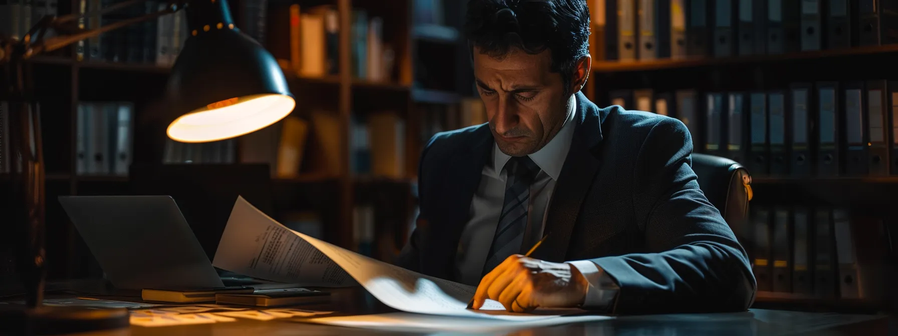 a focused nj criminal defense attorney, seated at a sleek conference table in a modern law office, reviews detailed case files while intently analyzing evidence and notes illuminated by the sharp glow of overhead lights, conveying a sense of diligence and strategic preparation for trial.