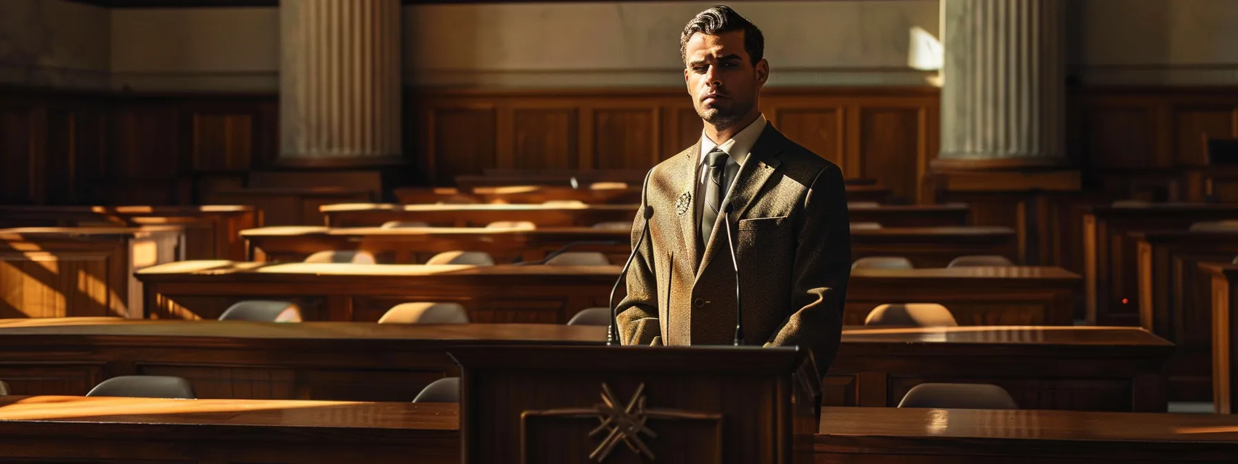 a poised new jersey criminal defense attorney stands confidently at a modern courtroom podium, surrounded by essential trial materials, as they prepare to guide their client through critical court procedures under the focused gaze of attentive jurors.