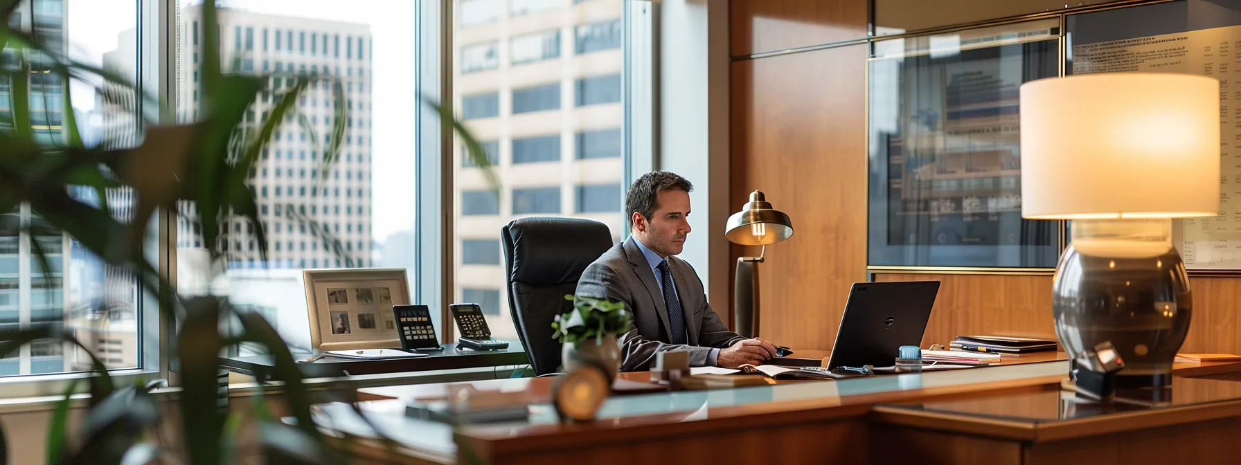 a sleek and modern law office setting features a focused criminal defense attorney engaged in a serious consultation with a client, showcasing an atmosphere of professionalism and trust.