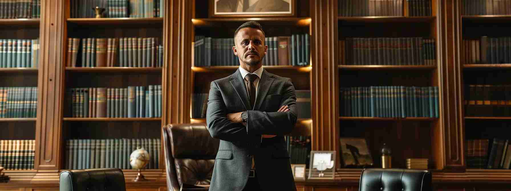 a confident criminal defense attorney stands in a modern, sleek law office, passionately discussing case strategies with a client, surrounded by richly textured wood paneling and legal books, emphasizing the gravity and professionalism of legal representation. a confident criminal defense attorney stands in a modern, sleek law office, passionately discussing case strategies with a client, surrounded by richly textured wood paneling and legal books, emphasizing the gravity and professionalism of legal representation.