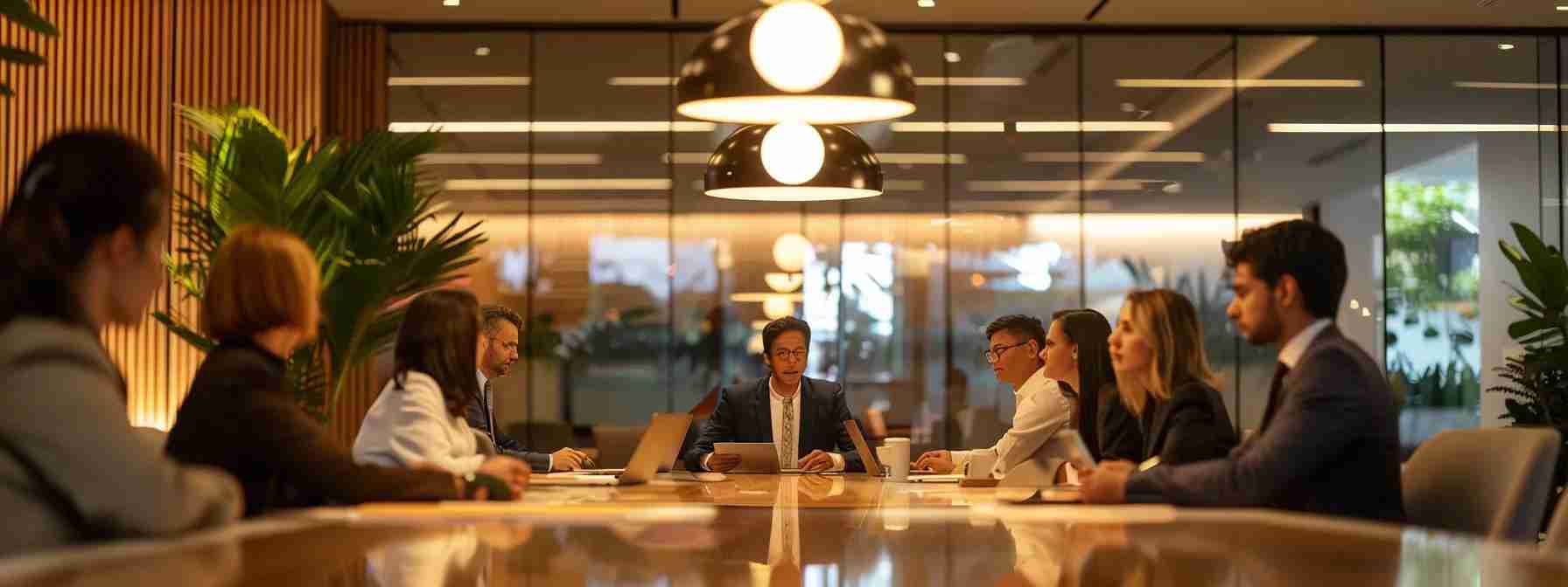 a focused immigration law office meeting room showcases a diverse team of professionals engaged in a strategic discussion over a green card application, illuminated by sleek, modern lighting that highlights a central document on the polished conference table. a focused immigration law office meeting room showcases a diverse team of professionals engaged in a strategic discussion over a green card application, illuminated by sleek, modern lighting that highlights a central document on the polished conference table.