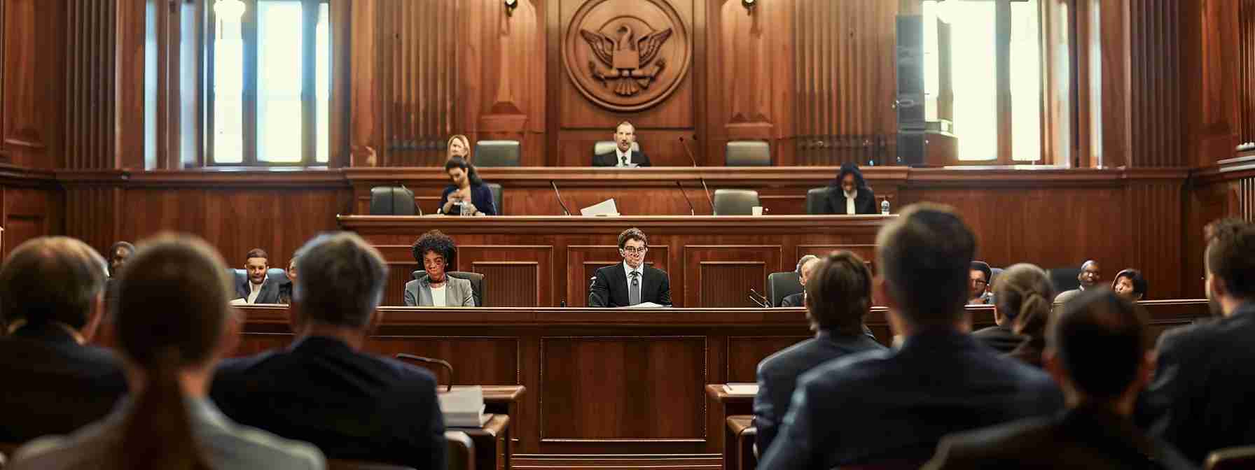 a tense courtroom scene features a confident defense attorney passionately presenting compelling arguments, with a focused audience and jury captivated by the dramatic atmosphere of justice in action.