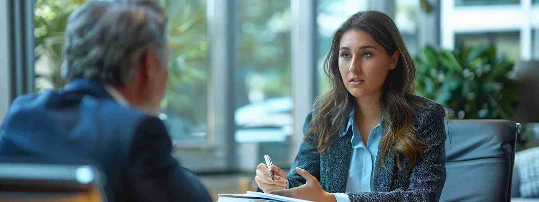 a focused attorney, seated at a modern conference table in a sleek office, reviews a stack of legal documents while engaging intently with a worried client, emphasizing the importance of preparation in a criminal defense case.