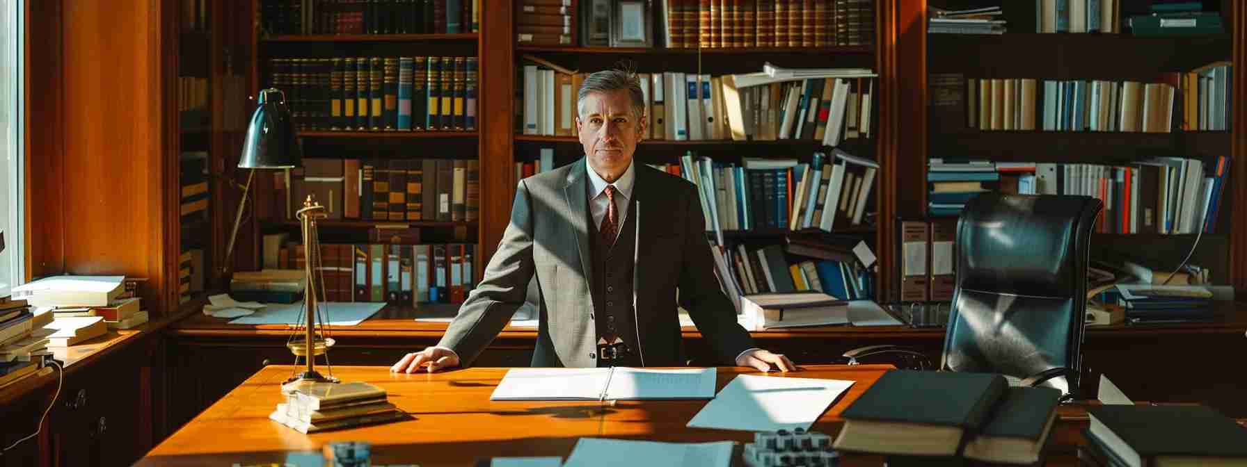 a focused criminal defense attorney stands confidently behind a polished mahogany desk in a modern law office, surrounded by legal books and evidence files, as they engage in a serious consultation with a client, conveying trust and determination.