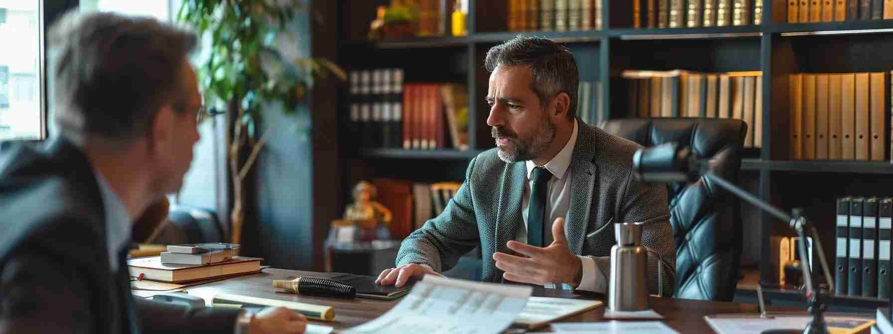 a focused, dynamic office scene depicts a confident criminal defense attorney passionately discussing case strategies with a concerned client, surrounded by legal documents and books that symbolize the intricate criminal justice process. a focused, dynamic office scene depicts a confident criminal defense attorney passionately discussing case strategies with a concerned client, surrounded by legal documents and books that symbolize the intricate criminal justice process.