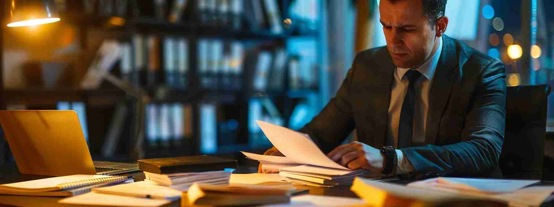 a focused immigration attorney sits at a sleek, modern office desk, reviewing a stack of green card application documents under the warm glow of a desk lamp, conveying urgency and diligence in safeguarding clients' futures.