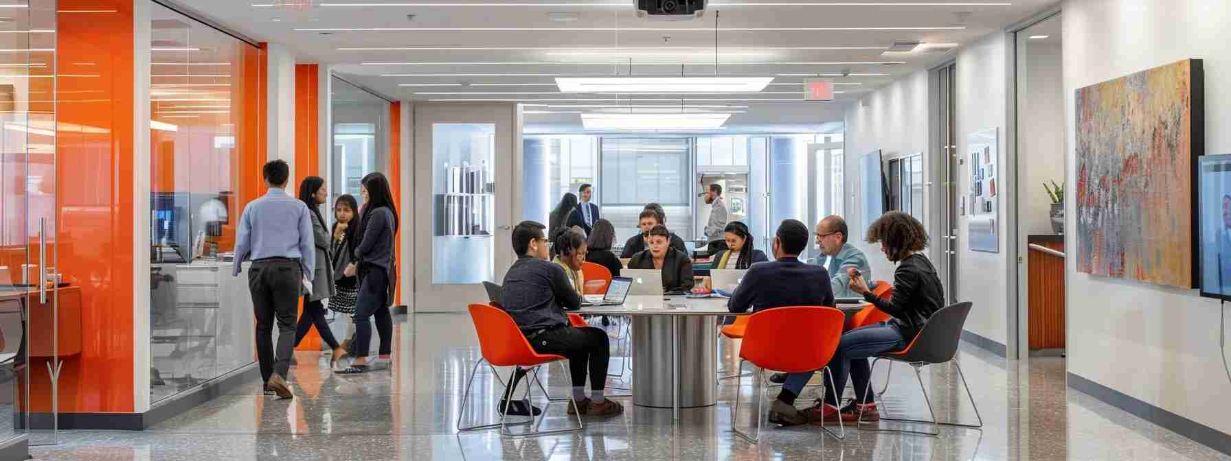a sleek, modern immigration law office is bustling with activity, featuring professionals engaged in a focused discussion, surrounded by legal documents and technology, emphasizing the importance of experienced legal assistance in navigating complex business immigration regulations.