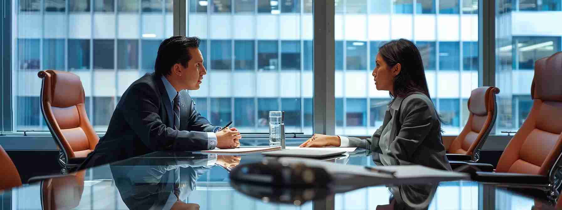 a sleek, modern law office interior featuring a focused lawyer consulting with a client over a prominent, polished conference table, emphasizing a high-stakes criminal defense strategy discussion in new jersey.