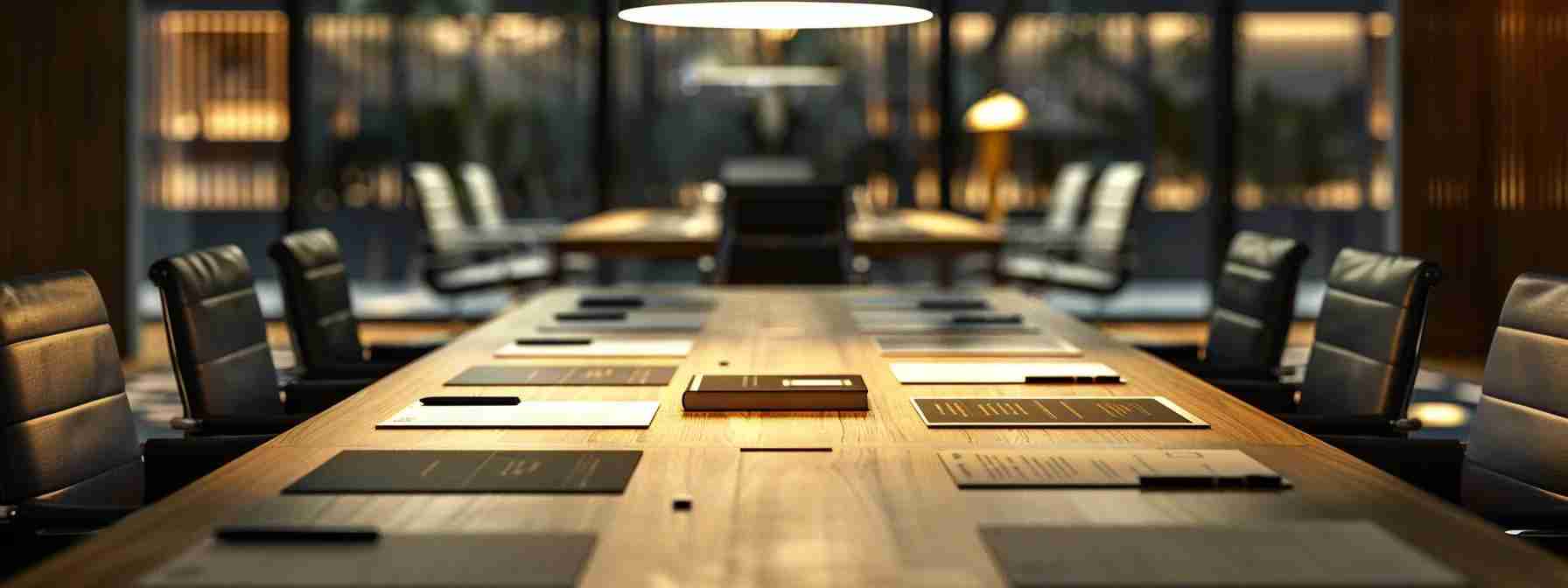 a sleek, modern law office with a sophisticated wooden conference table and legal documents scattered on it, illuminated by soft artificial lighting, emphasizing the expert immigration attorneys engaged in a serious discussion about complex visa applications and green card processes.