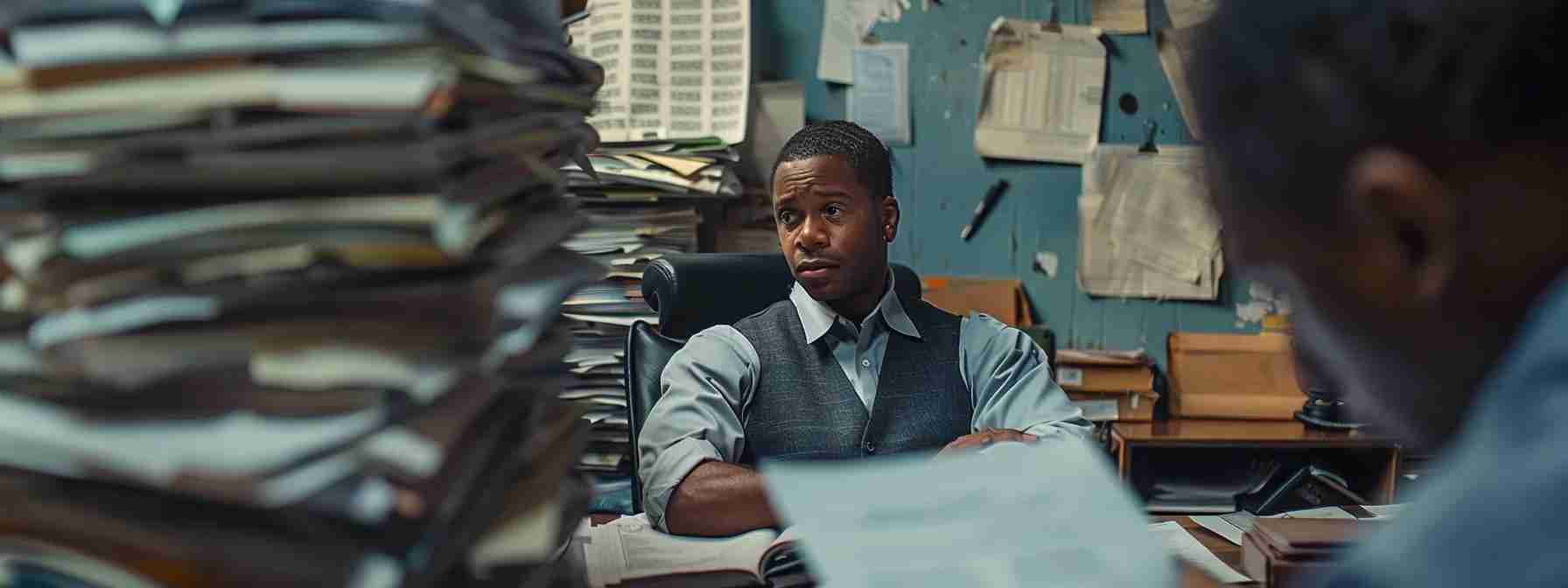 a tense office scene captures a worried client sitting across from a confused legal advisor, surrounded by piles of paperwork and immigration documents, highlighting the critical consequences of navigating immigration issues without experienced legal support.