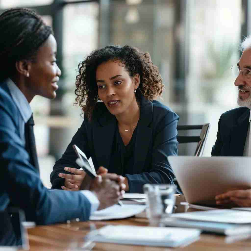 Diverse group of lawyers collaborating on case strategies in a conference room