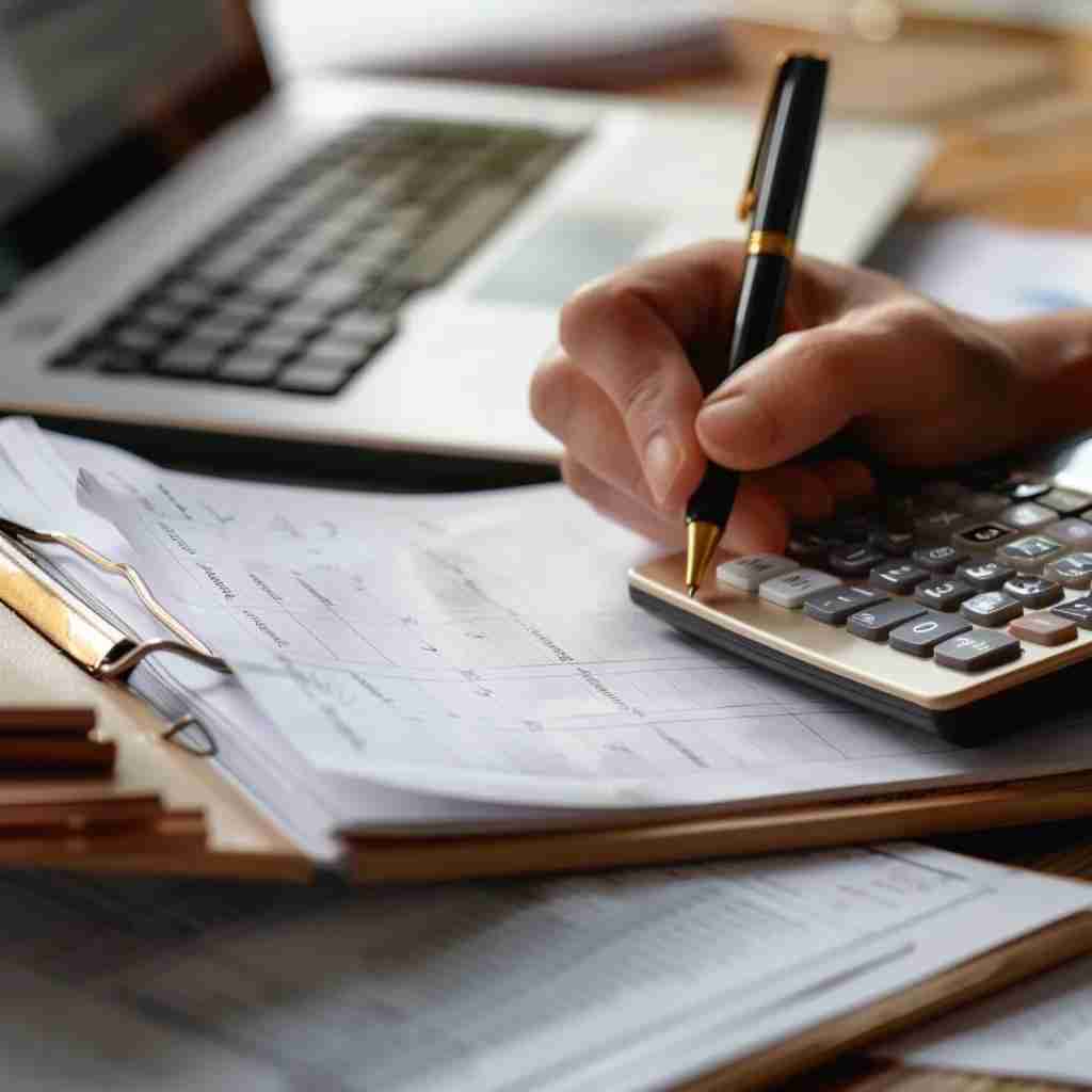 Lawyer outlining fee structures on a notepad with a calculator in the background