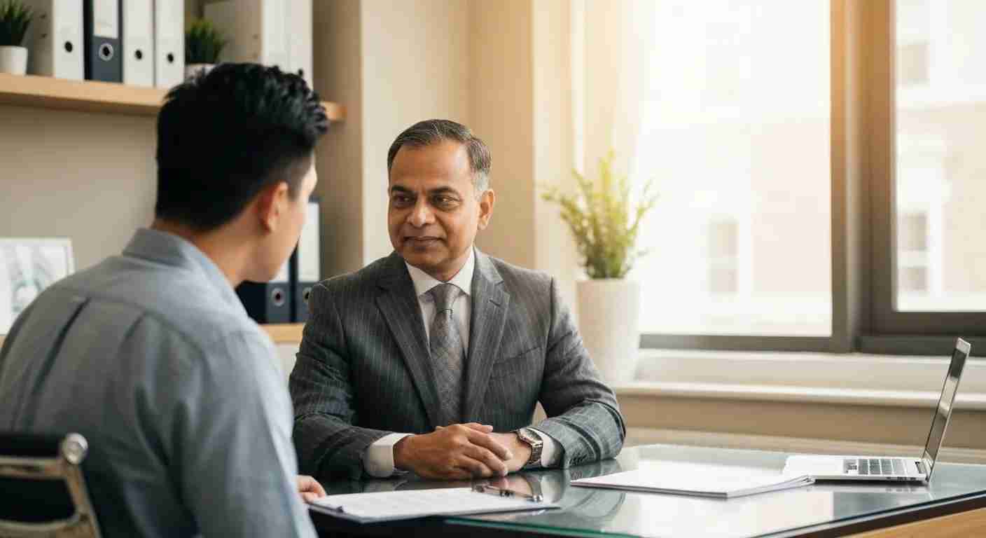Criminal defense lawyer consulting with a client in a modern office