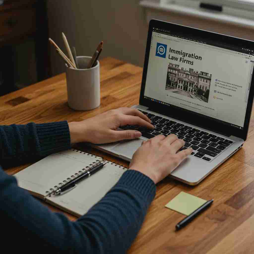 Person researching immigration law firms on a laptop in a cozy home office