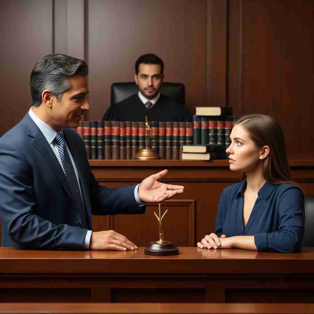 Courtroom scene with a criminal defense attorney consulting a client, highlighting legal representation