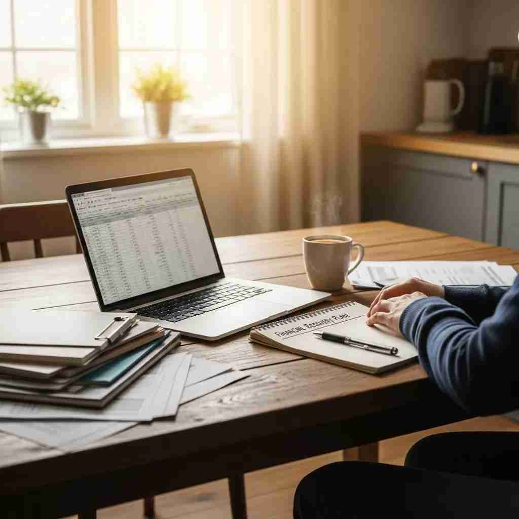 Cozy kitchen scene with a person reviewing bankruptcy documents on a laptop, symbolizing financial recovery