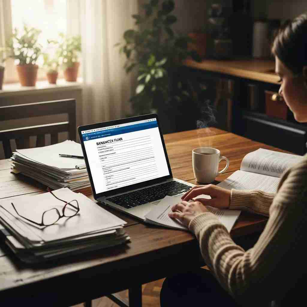 Cozy kitchen scene with a person reviewing bankruptcy documents on a laptop