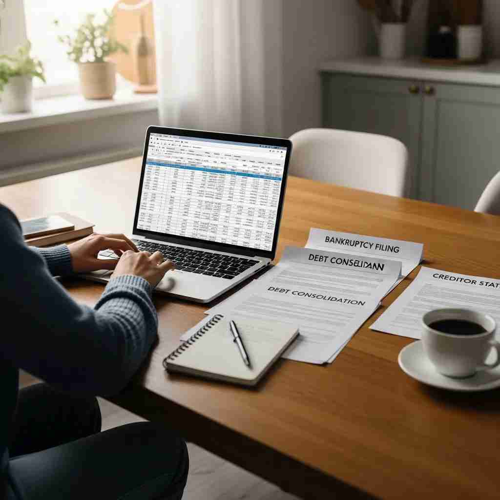 Cozy kitchen scene with a person reviewing Chapter 7 bankruptcy documents on a laptop