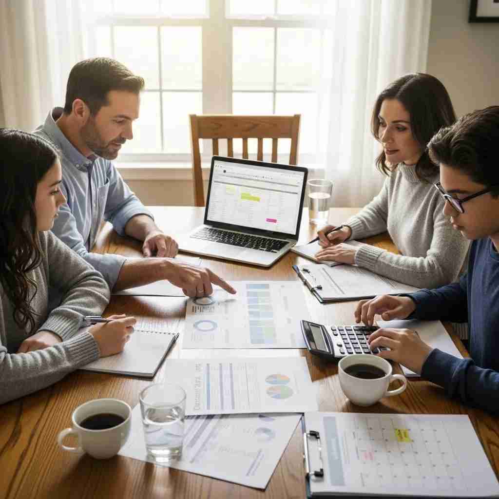 Family discussing Chapter 13 bankruptcy repayment plans at a dining table