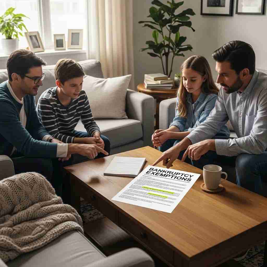 Family discussing Chapter 7 bankruptcy exemptions in a cozy living room