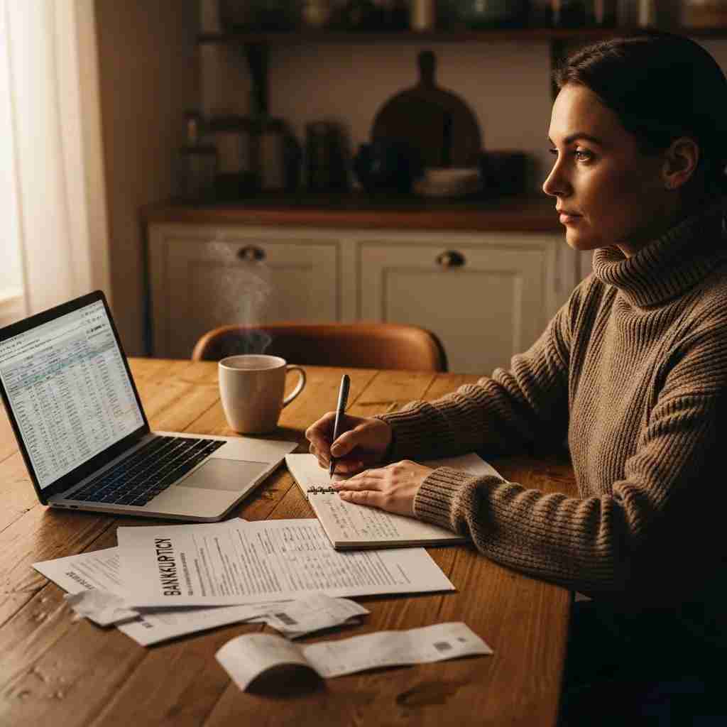 Person reviewing bankruptcy documents at a cozy kitchen table