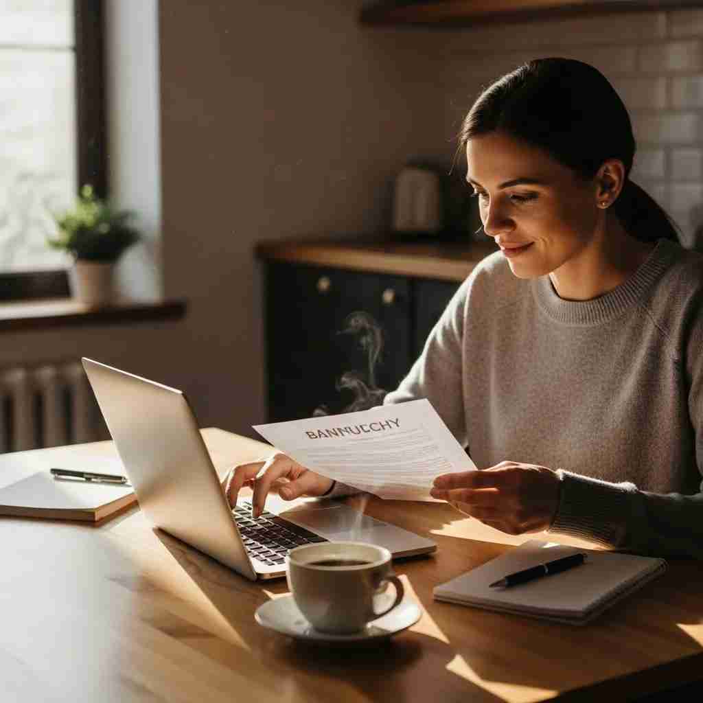 Person reviewing financial documents at a kitchen table, symbolizing the process of filing Chapter 7 bankruptcy
