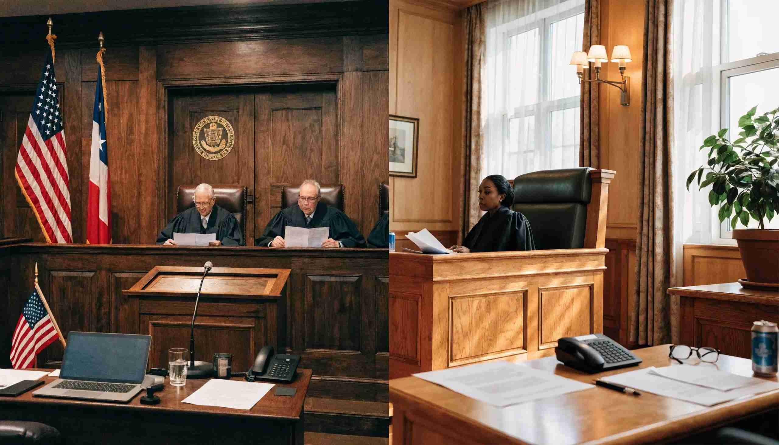 Contrasting courtrooms of New Jersey and another state highlighting differences in criminal defense laws