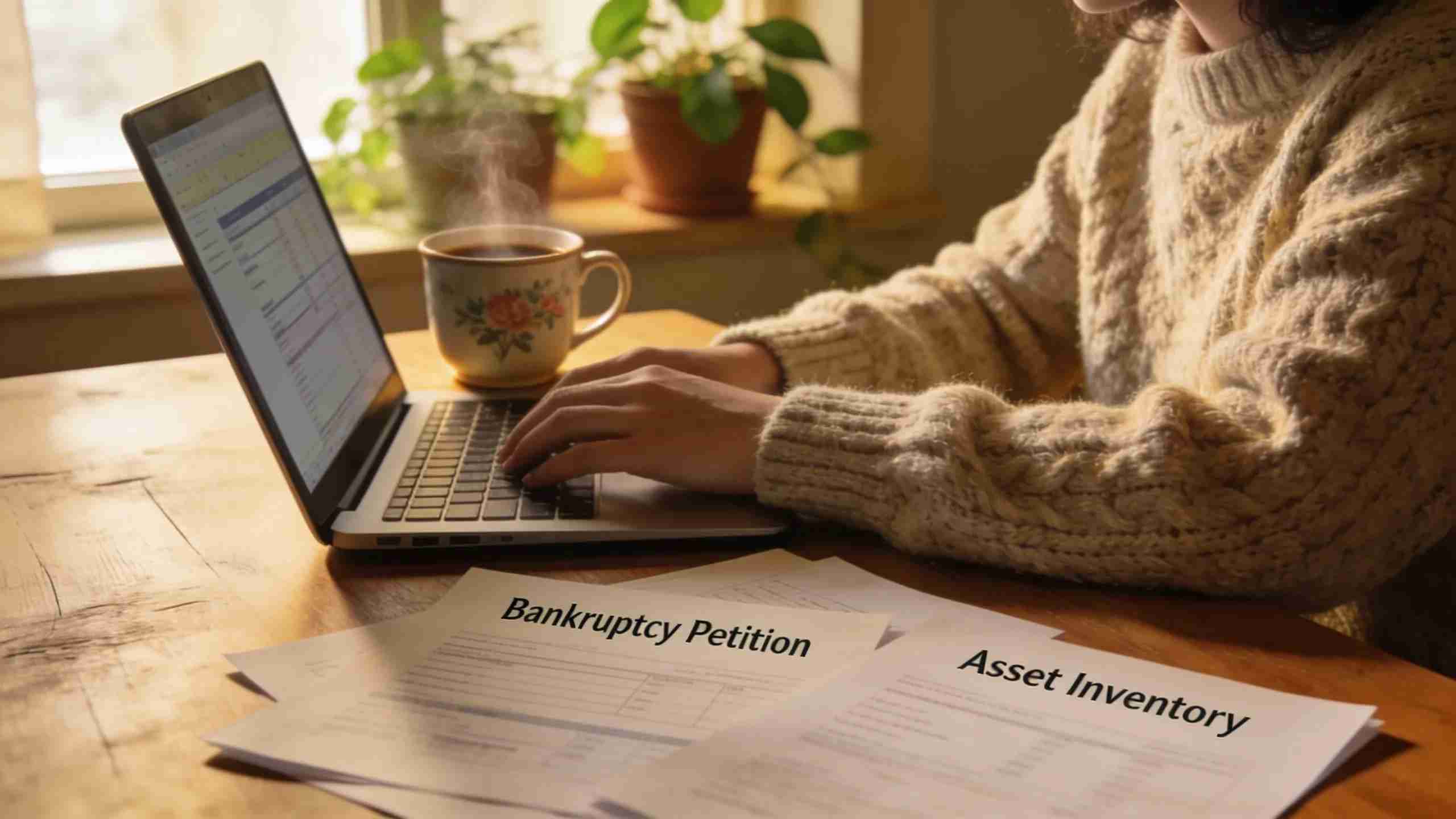 Cozy workspace with a person reviewing documents about Chapter 7 bankruptcy