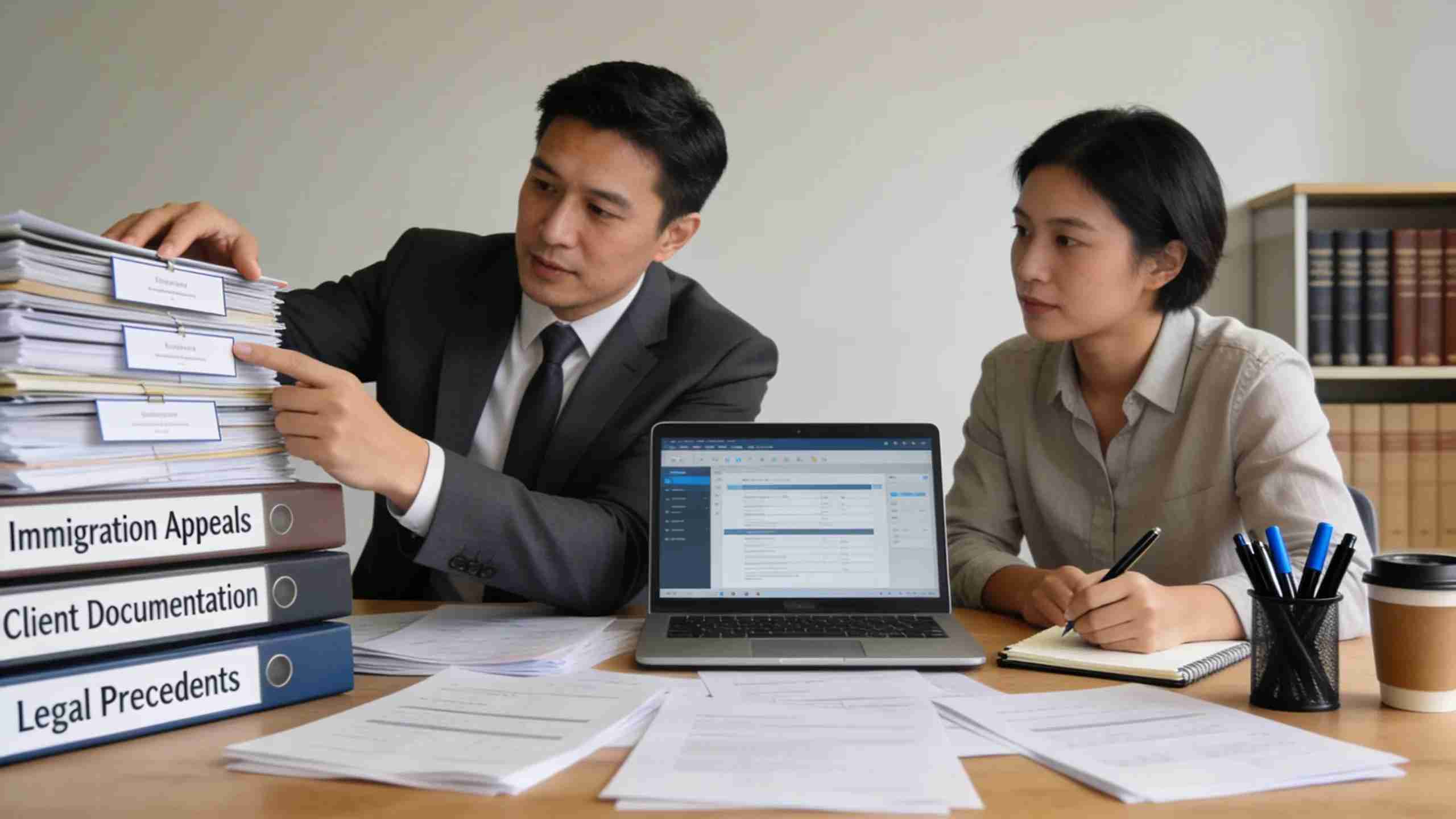 Immigration lawyer helping a client organize appeal documents