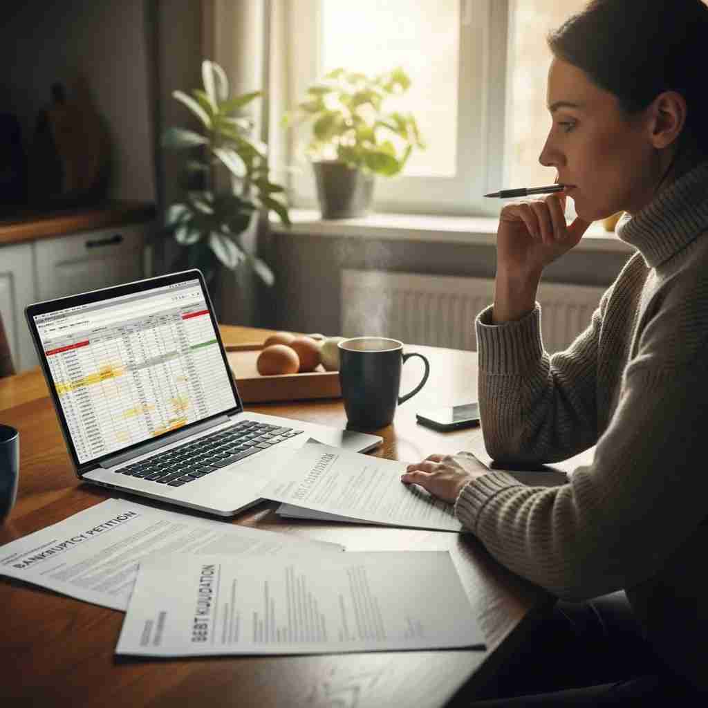 Individual reviewing financial documents at a kitchen table, symbolizing the impact of Chapter 7 bankruptcy on personal finance