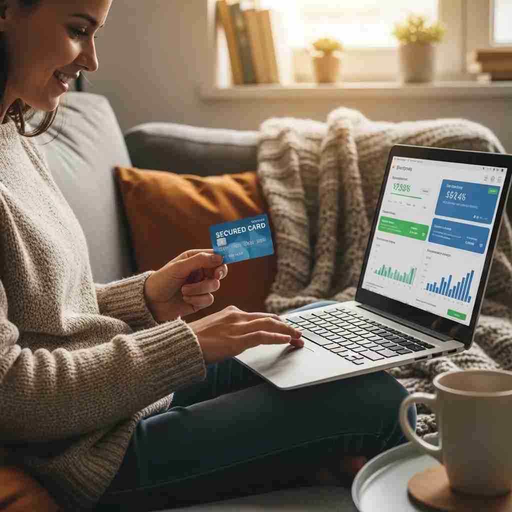 Individual using a secured credit card and budgeting app to rebuild credit after bankruptcy