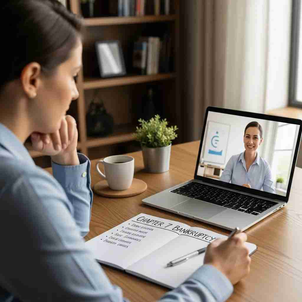 Person consulting with a financial advisor about Chapter 7 bankruptcy process in a home office setting